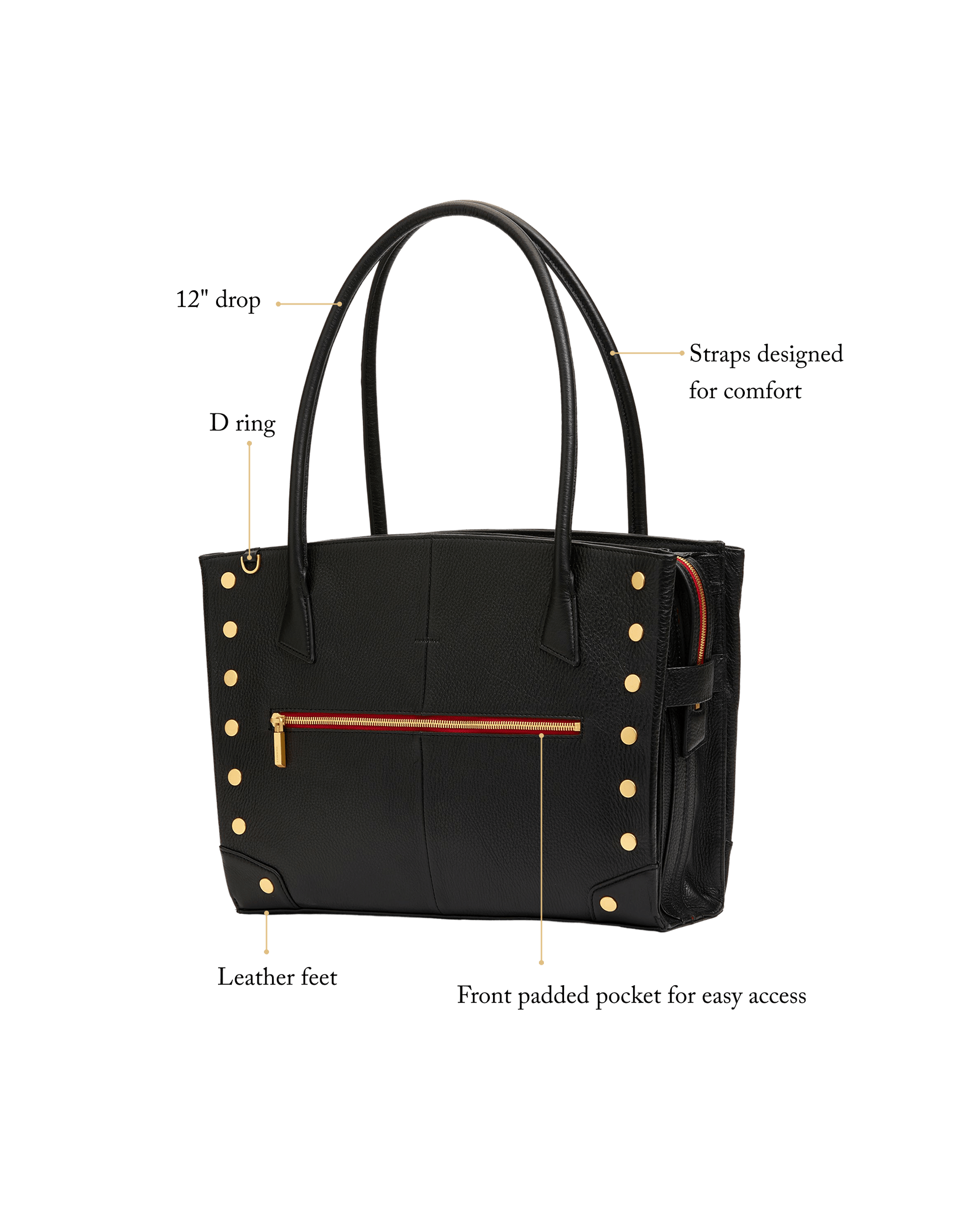 Black leather tote bag with gold-tone studs, dual shoulder straps, and a front zip pocket, shown on a white background with callout labels pointing to features like the 12-inch drop, D ring, leather feet, and front padded pocket.