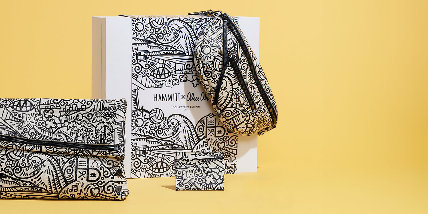 Image of Hammitt x Alex Alpert collaboration featuring three bags, VIP Med, Charles Med, PCH wallet and collaboration box on yellow background.