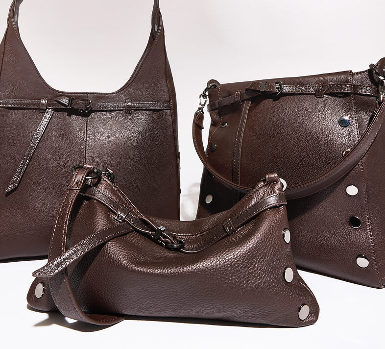 Three dark brown pebbled leather handbags arranged together on a clean white studio background. The set includes a large shoulder bag, a medium shoulder bag, and a small flapless shoulder bag, all with matching straps and silver-tone hardware.