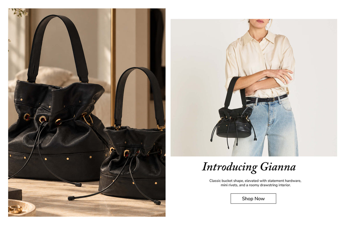 A split promotional image showing a black bucket-style handbag in two settings: on the left, two black bags with gold-tone studs and drawstring details on a wooden surface; on the right, a model wears the bag against a light gray background with text reading 'Introducing Gianna' and a 'Shop Now' button.