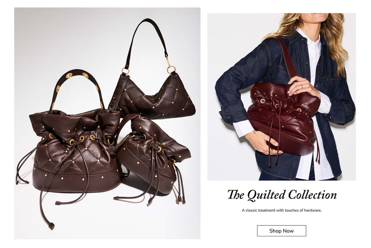 A collage showing several dark brown leather handbags with gold-tone studs and drawstring details on a white background, alongside a model wearing one of the bags in a red color. Text on the right reads 'The Quilted Collection' with a 'Shop Now' button below.