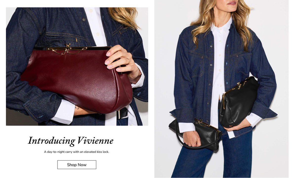 A split promotional image showing a model wearing a dark denim jacket and jeans while carrying a burgundy leather kiss-lock clutch in one panel, and holding a black leather kiss-lock clutch in the other panel. Text reads 'Introducing Vivienne' with a 'Shop Now' button.