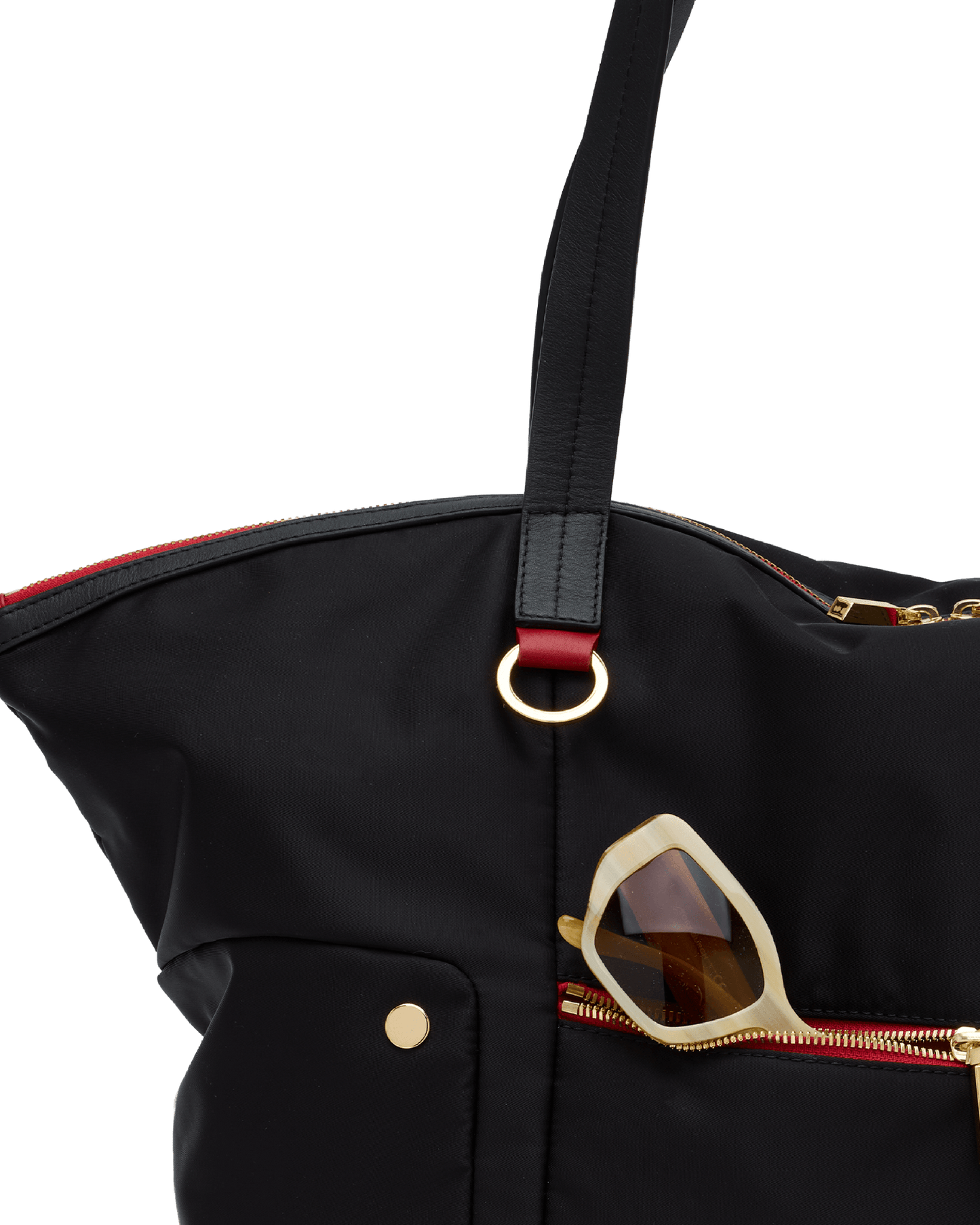 Zoe-Tote-Black-Nylon-G-Red-Zip-Front-View-Detail