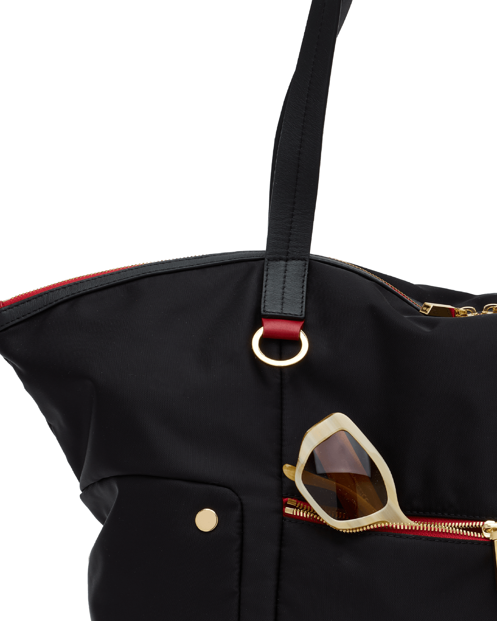 Zoe-Tote-Black-Nylon-G-Red-Zip-Front-View-Detail