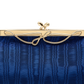 Close-up of a blue textured clutch bag with a gold metal frame and wire closure on a white background.