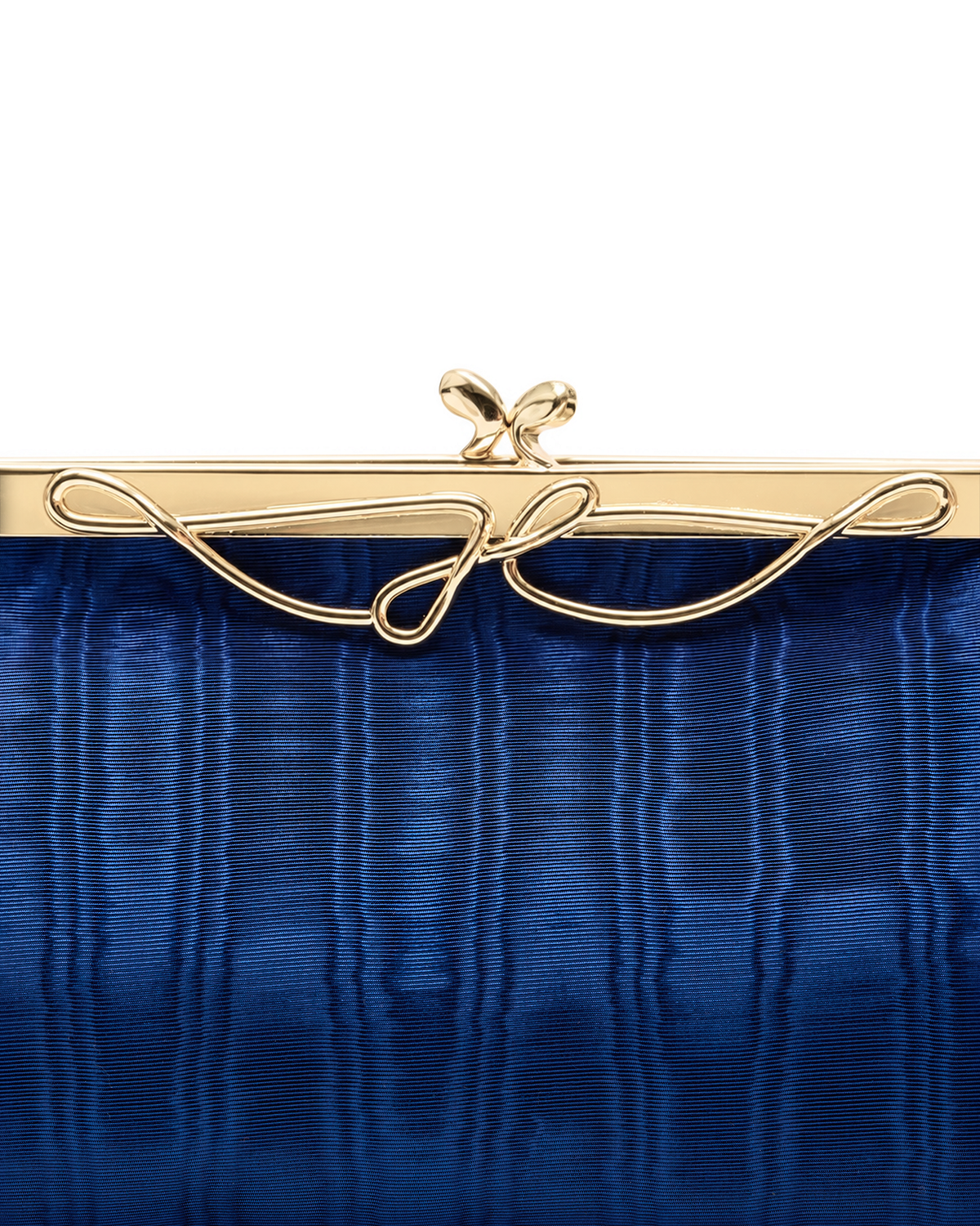 Close-up of a blue textured clutch bag with a gold metal frame and wire closure on a white background.