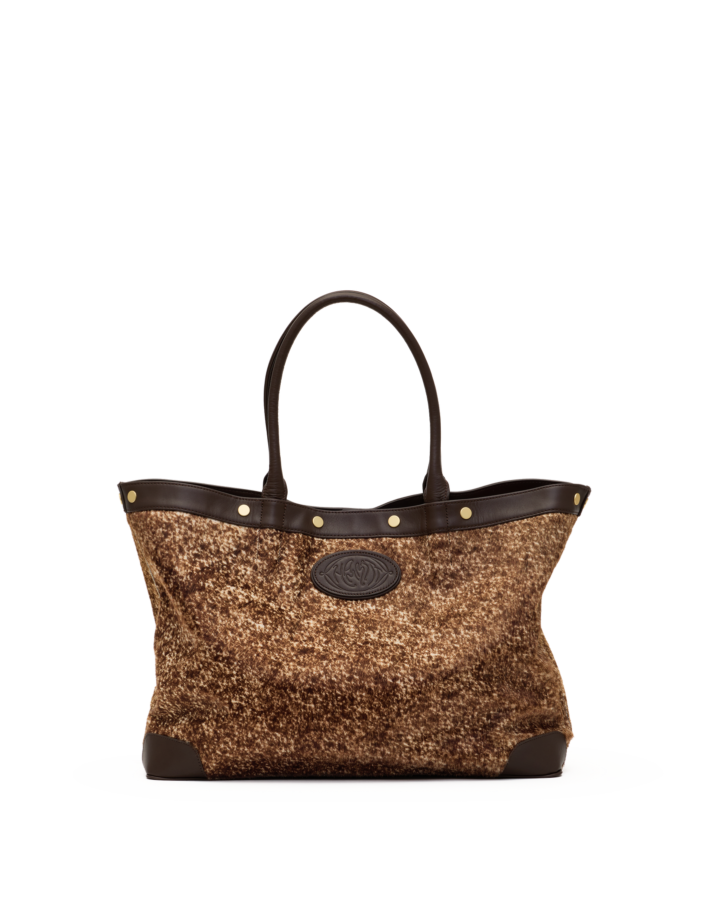 A structured tote bag with a brown and gold glittery woven body, dark brown leather trim, double top handles, and gold-tone hardware, shown against a plain white background.