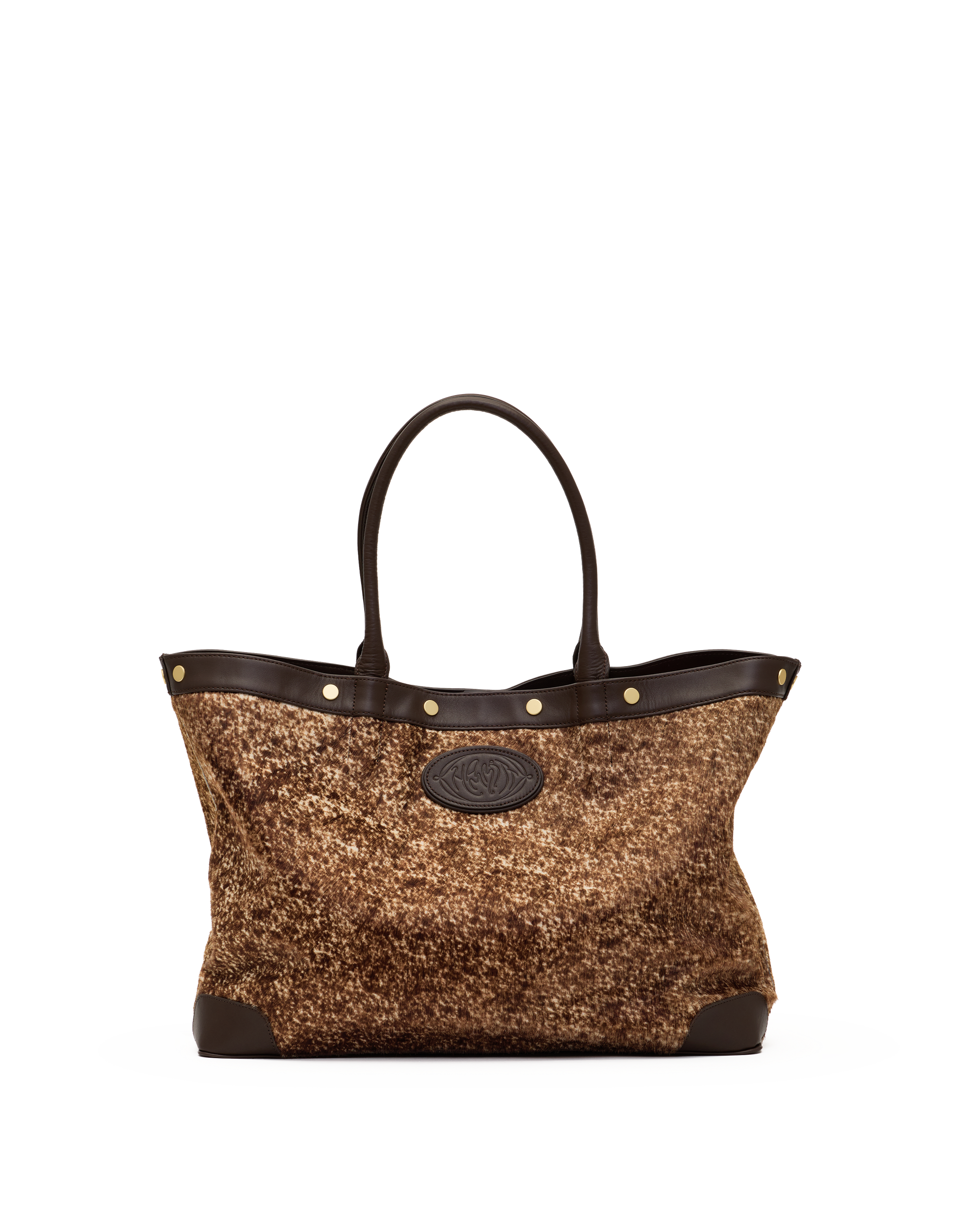 A structured tote bag with a brown and gold glittery woven body, dark brown leather trim, double top handles, and gold-tone hardware, shown against a plain white background.