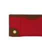 A close-up of a red pebbled leather wallet with brown leather trim and a gold snap button, on a white background.