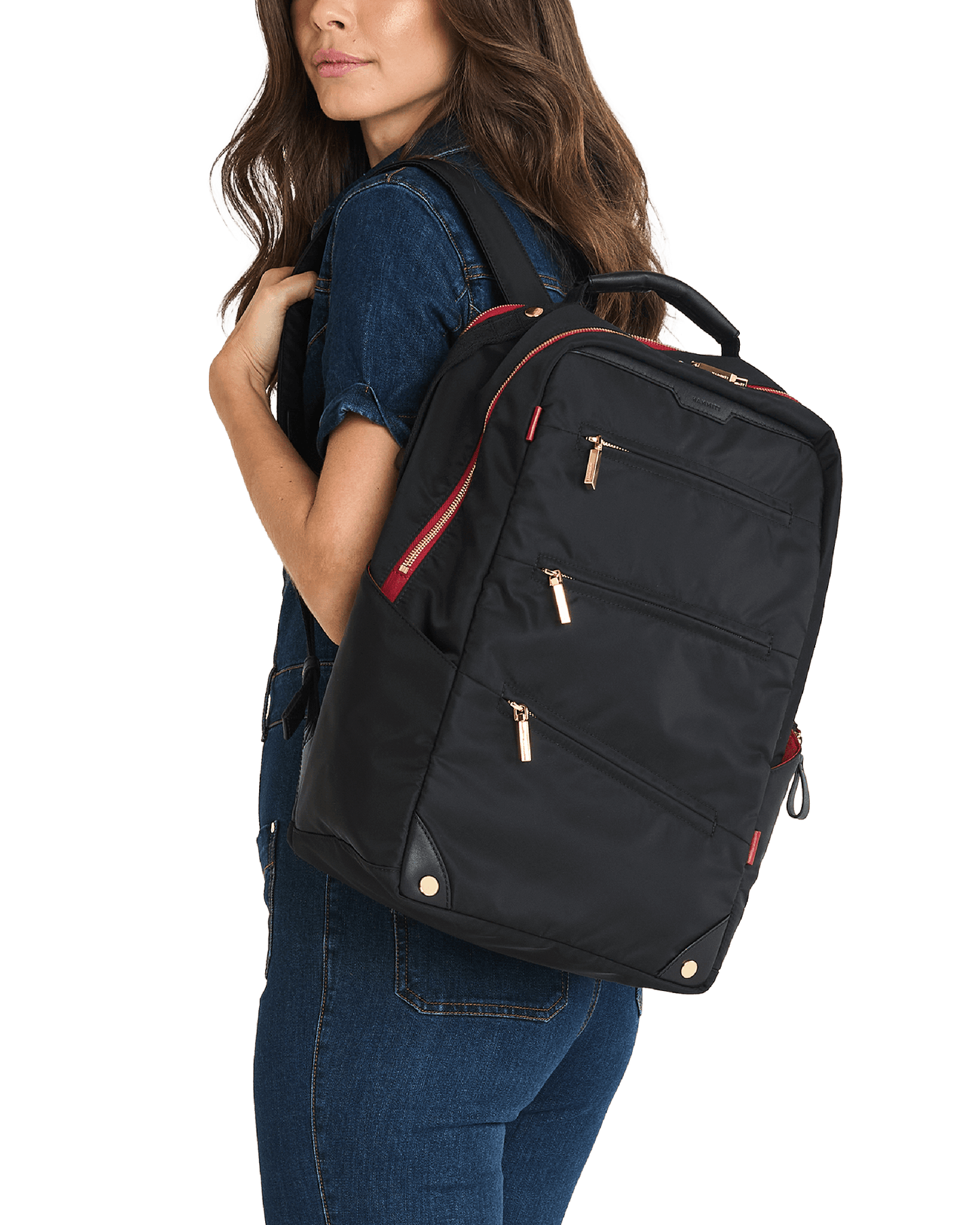 Eden-Backpack-Black-Nylon-G-Red-Zip-Model-View-3