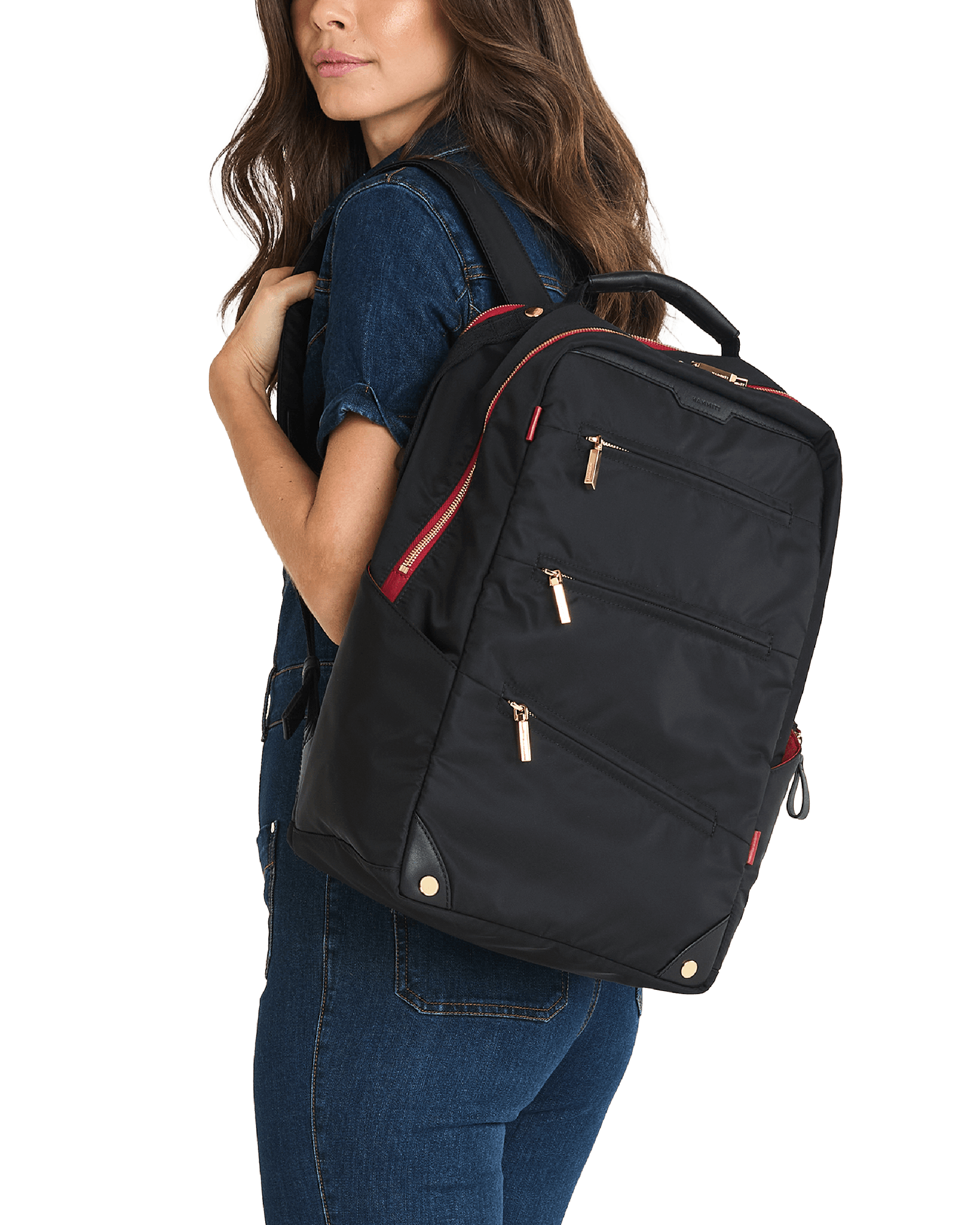 Eden-Backpack-Black-Nylon-G-Red-Zip-Model-View-3