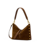 A brown suede hobo shoulder bag with gold-tone hardware, featuring a single shoulder strap, a detachable crossbody strap, and decorative gold studs along the side.
