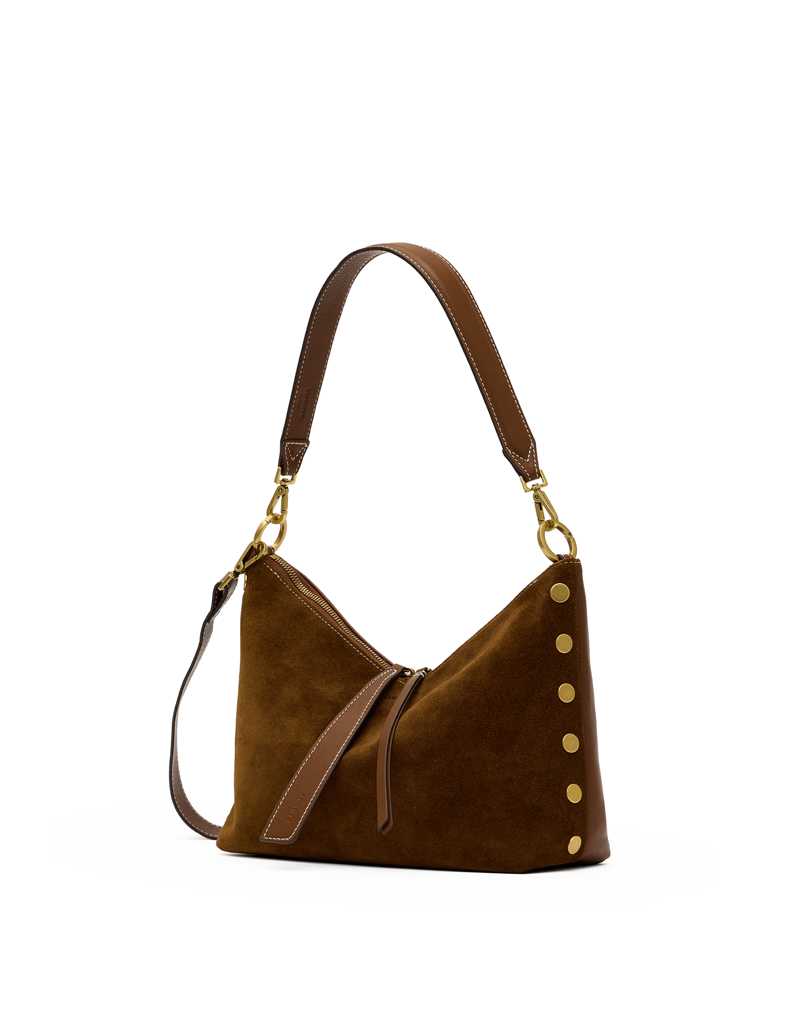 A brown suede hobo shoulder bag with gold-tone hardware, featuring a single shoulder strap, a detachable crossbody strap, and decorative gold studs along the side.