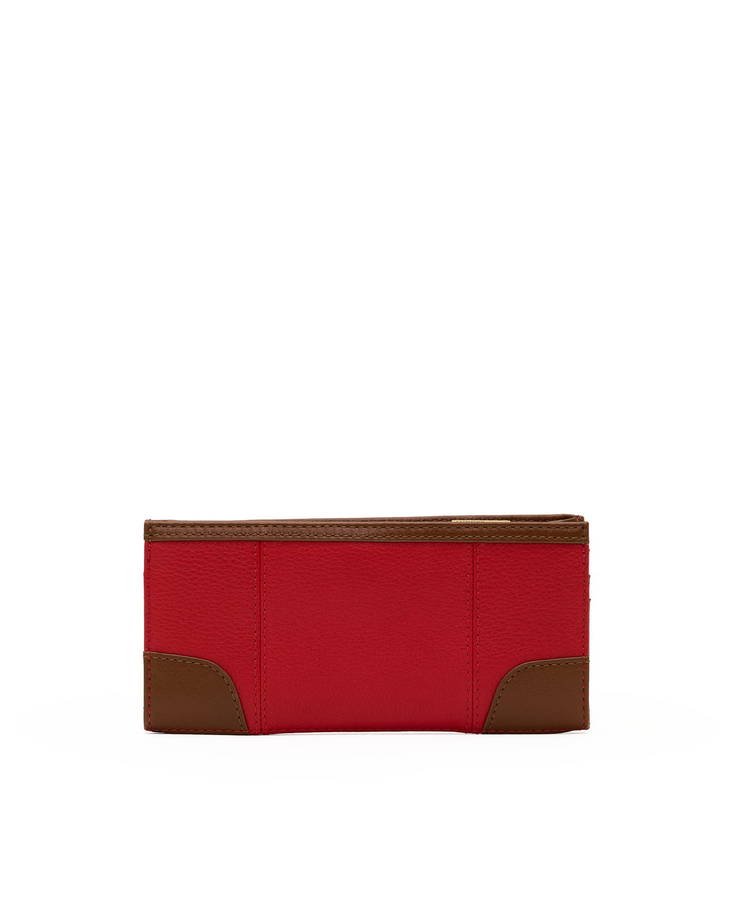 A red leather wallet with brown leather corner accents and trim, shown against a plain white background.