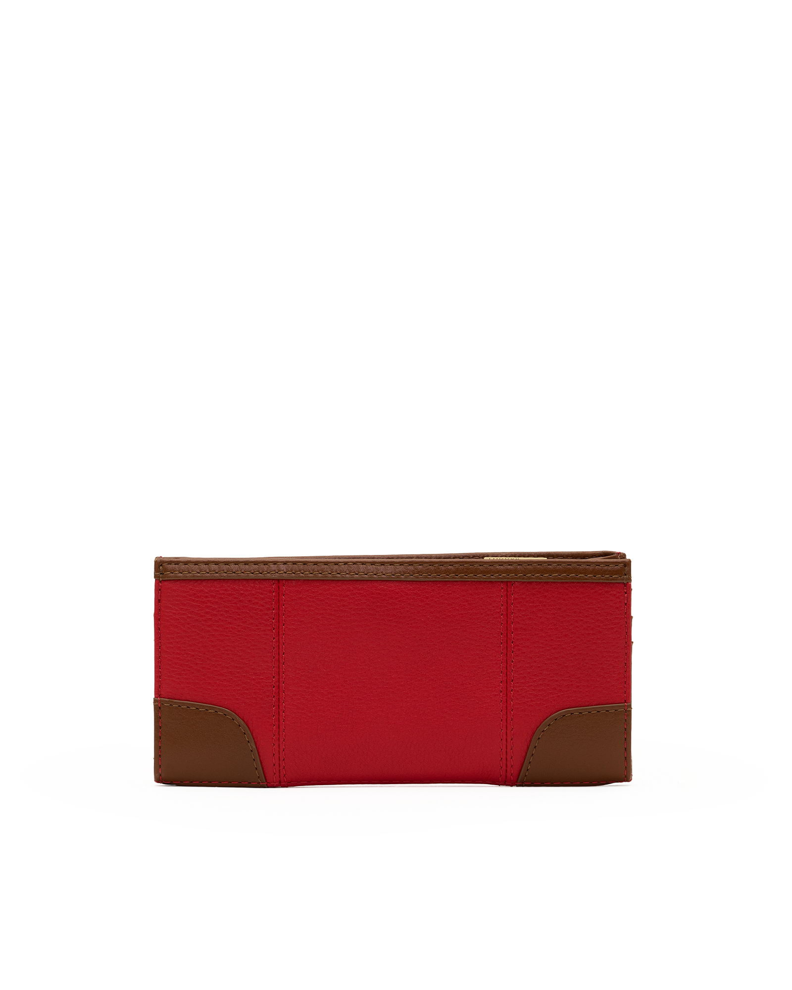 A red leather wallet with brown leather corner accents and trim, shown against a plain white background.
