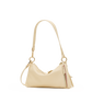 A light beige leather shoulder bag with a curved top, gold-tone hardware, and a matching shoulder strap, shown against a plain white background.