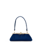 A navy blue pleated clutch handbag with a gold-tone kiss-lock frame and a matching navy blue shoulder strap, shown against a plain white background.