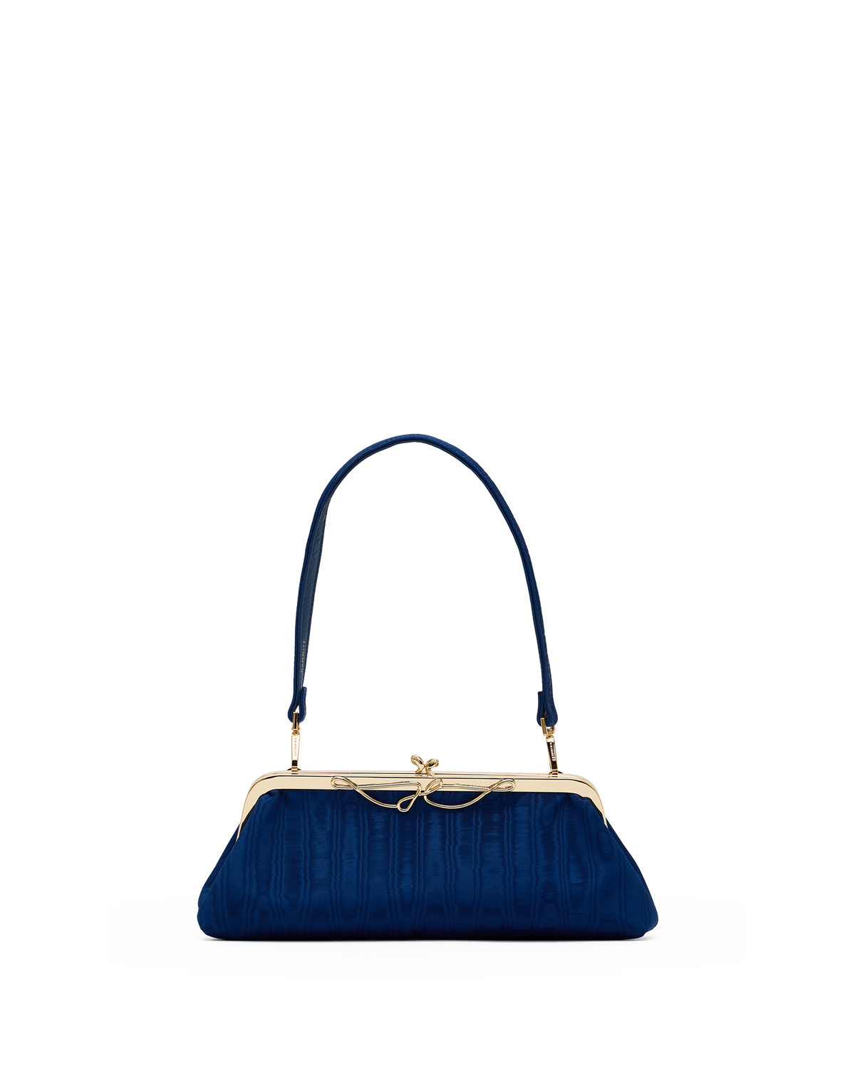 A navy blue pleated clutch handbag with a gold-tone kiss-lock frame and a matching navy blue shoulder strap, shown against a plain white background.