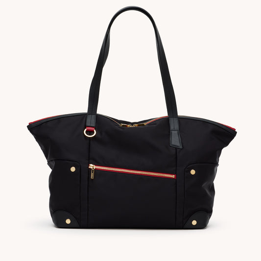 Zoe-Tote-Black-Nylon-G-Red-Zip-Front-View