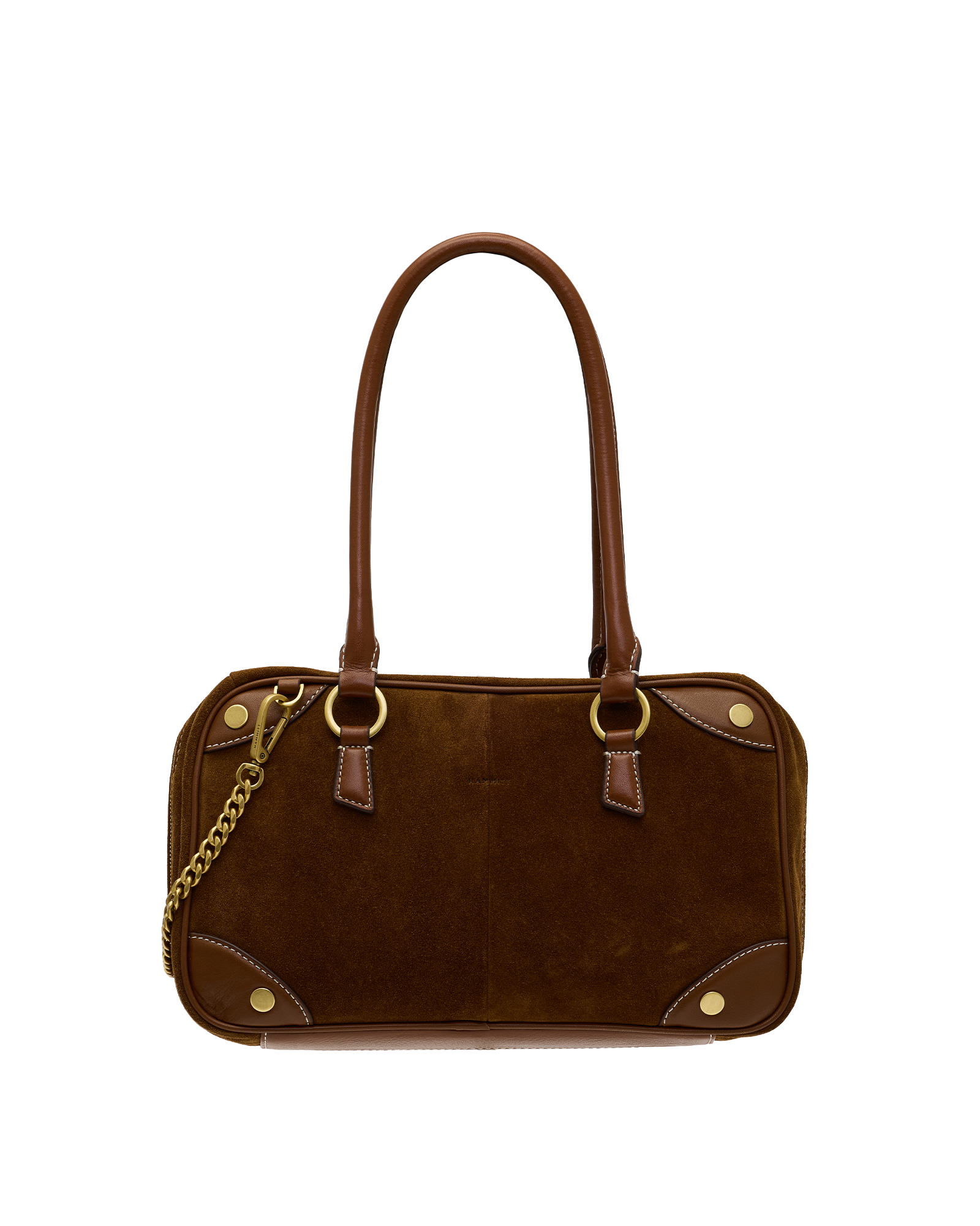A brown suede and leather handbag with double top handles, gold-tone hardware, and a gold chain strap
