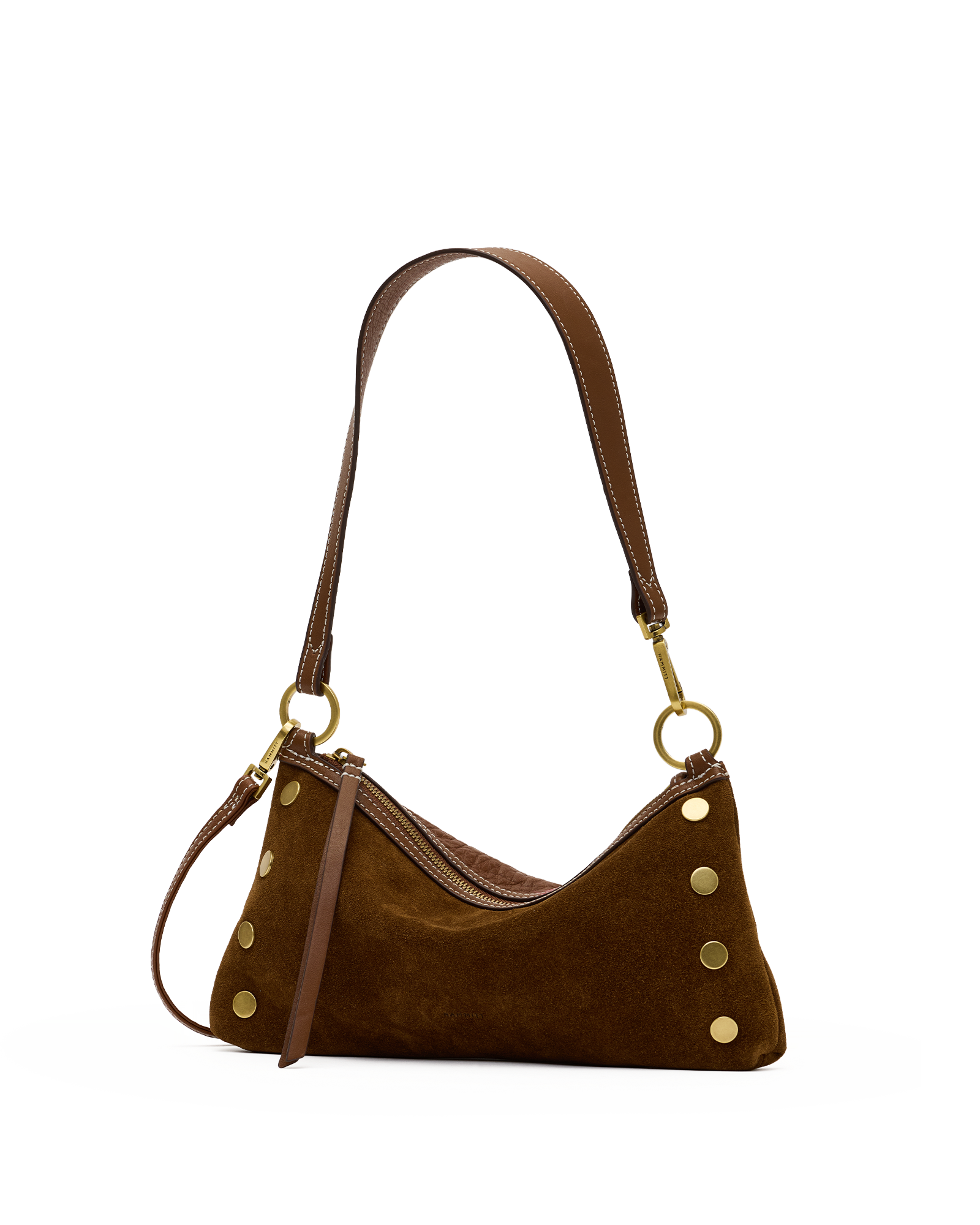 A brown suede shoulder bag with gold-tone hardware and a long shoulder strap.