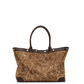 A structured tote bag with a textured brown and gold speckled body, dark brown leather trim, and gold-tone hardware, shown against a plain white background.