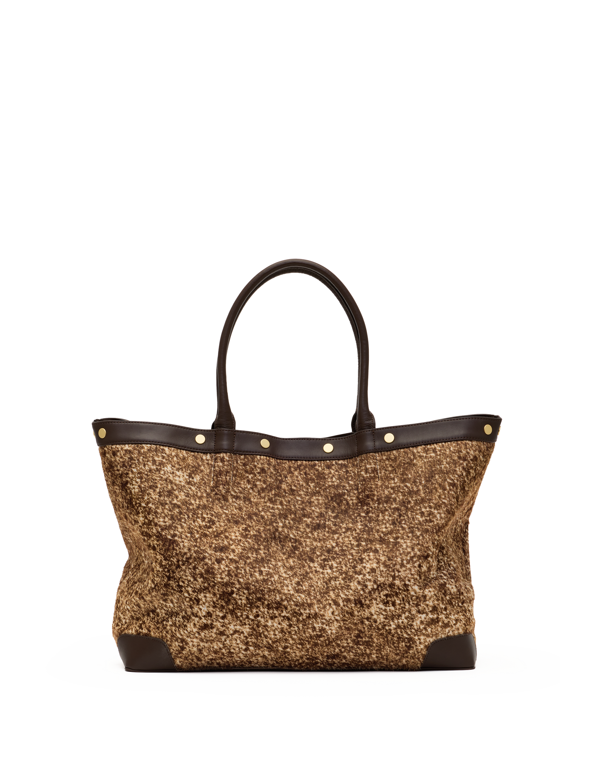 A structured tote bag with a textured brown and gold speckled body, dark brown leather trim, and gold-tone hardware, shown against a plain white background.
