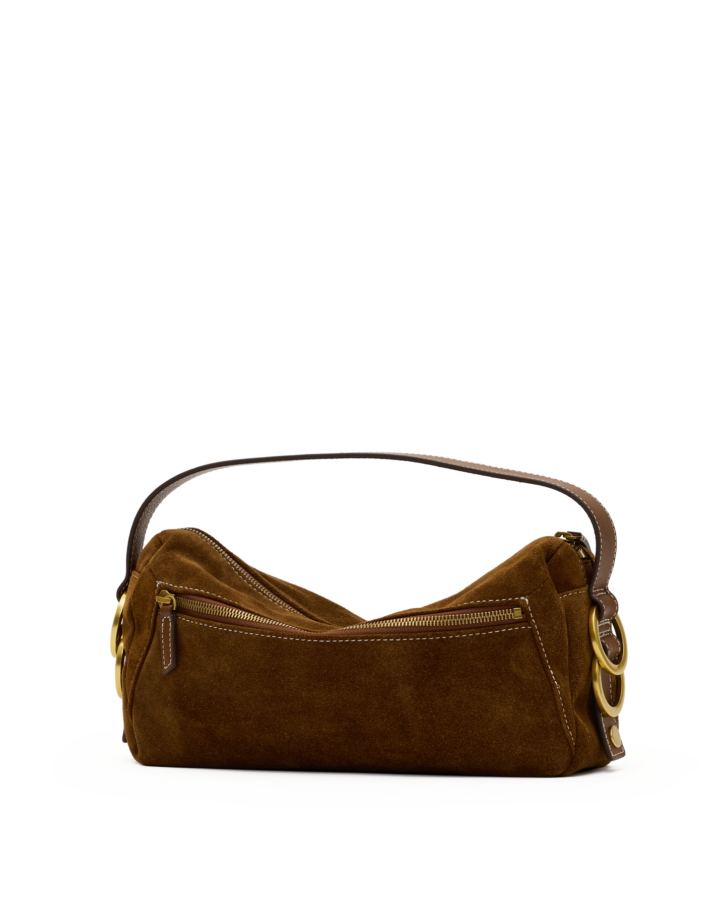 A brown suede shoulder bag with gold-tone hardware and a matching brown leather handle, shown against a plain white background.