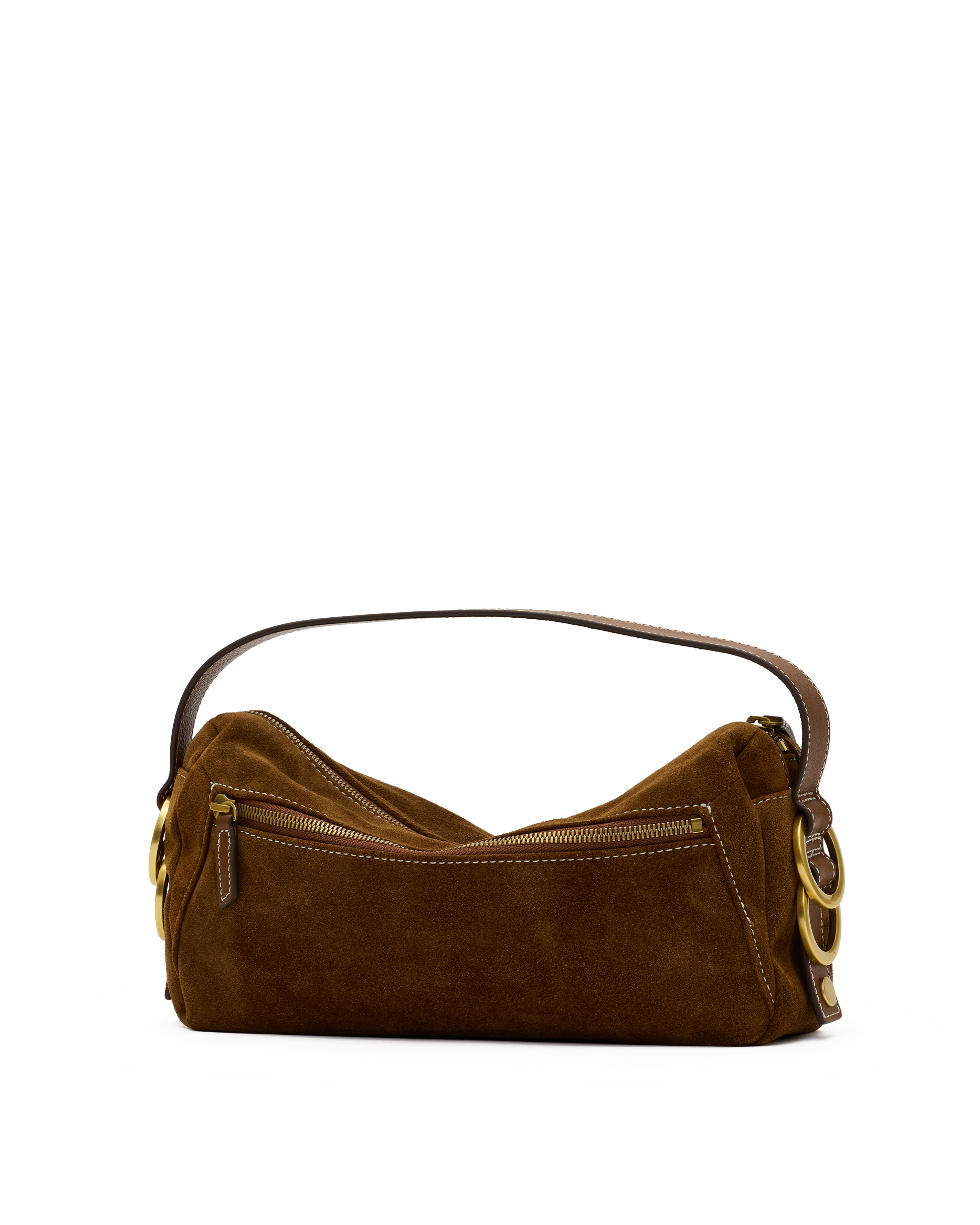 A brown suede shoulder bag with gold-tone hardware and a matching brown leather handle, shown against a plain white background.