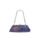 A small handbag with an abstract multicolor pattern in purple, blue, and orange, featuring a silver-tone metal frame and chain strap, set against a plain white background.