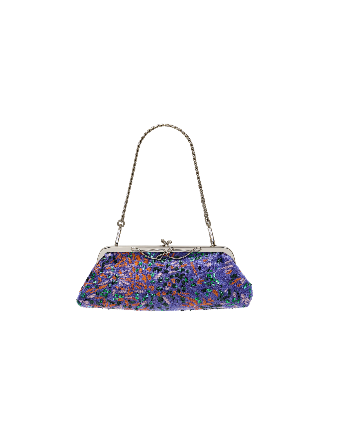 A small handbag with an abstract multicolor pattern in purple, blue, and orange, featuring a silver-tone metal frame and chain strap, set against a plain white background.