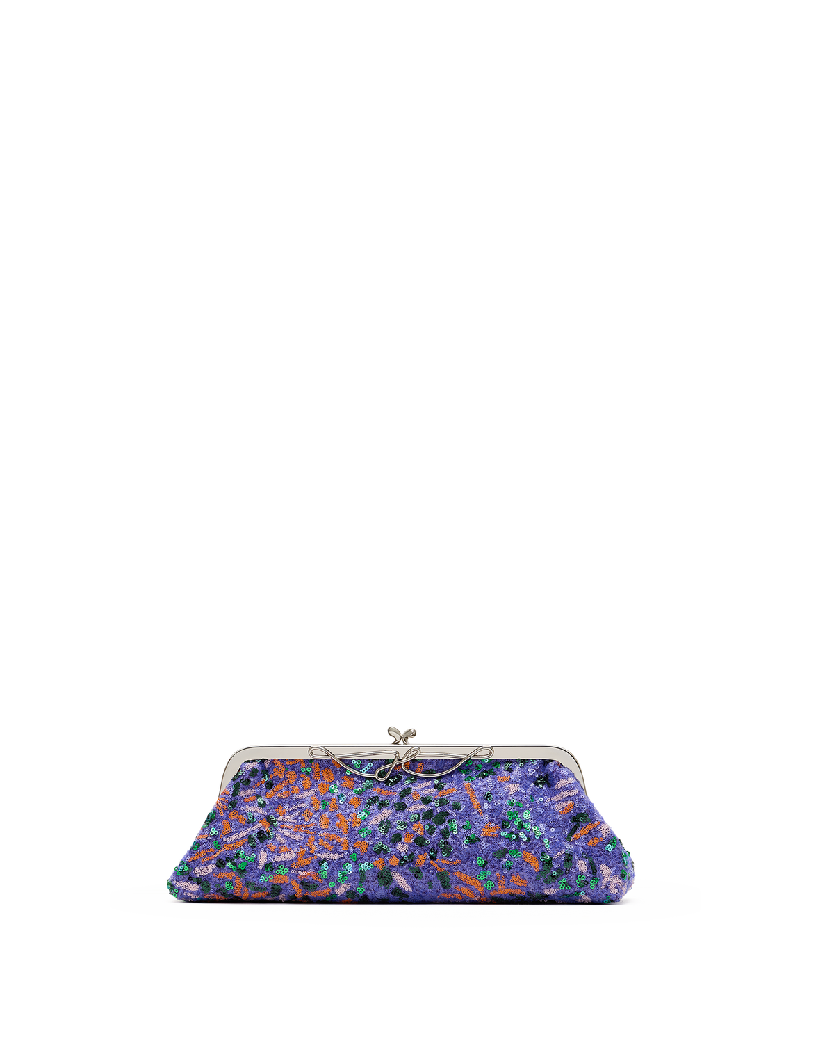 A small kiss-lock clutch bag with a dense, colorful floral and paisley pattern in purple, blue, orange, and green, featuring a silver-tone metal frame and clasp.