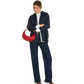 A woman modeling a dark navy blue denim jacket and matching wide-leg jeans, styled with a white collared shirt, dark red pointed-toe heels, and a red crescent shoulder bag against a plain white background.