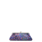 A small kiss-lock clutch bag with a dense multicolor floral and abstract print in purple, blue, orange, and green, featuring a silver-tone metal frame and clasp.