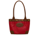 A red pebbled leather handbag with brown leather trim, double top handles, gold-tone rivets, and a brown embossed oval logo patch on the front, shown against a plain white background.