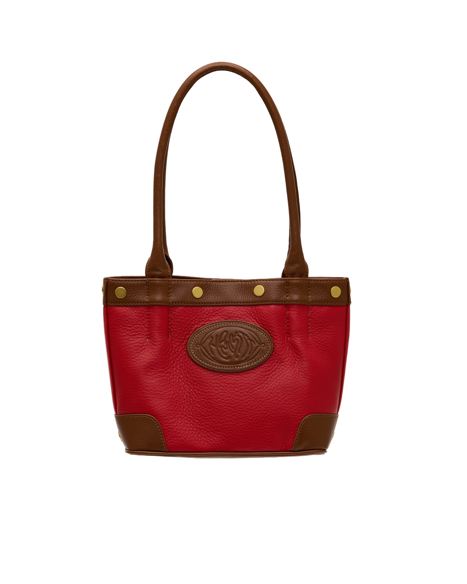 A red pebbled leather handbag with brown leather trim, double top handles, gold-tone rivets, and a brown embossed oval logo patch on the front, shown against a plain white background.