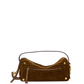 A brown suede shoulder bag with gold-tone hardware, a top handle, and a front zippered pocket, shown against a plain white background.