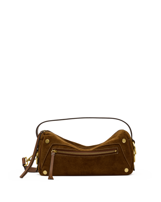 A brown suede shoulder bag with gold-tone hardware, a top handle, and a front zippered pocket, shown against a plain white background.