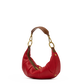 A red leather crescent-shaped shoulder bag with a brown leather handle and gold-tone hardware, shown on a plain white background.