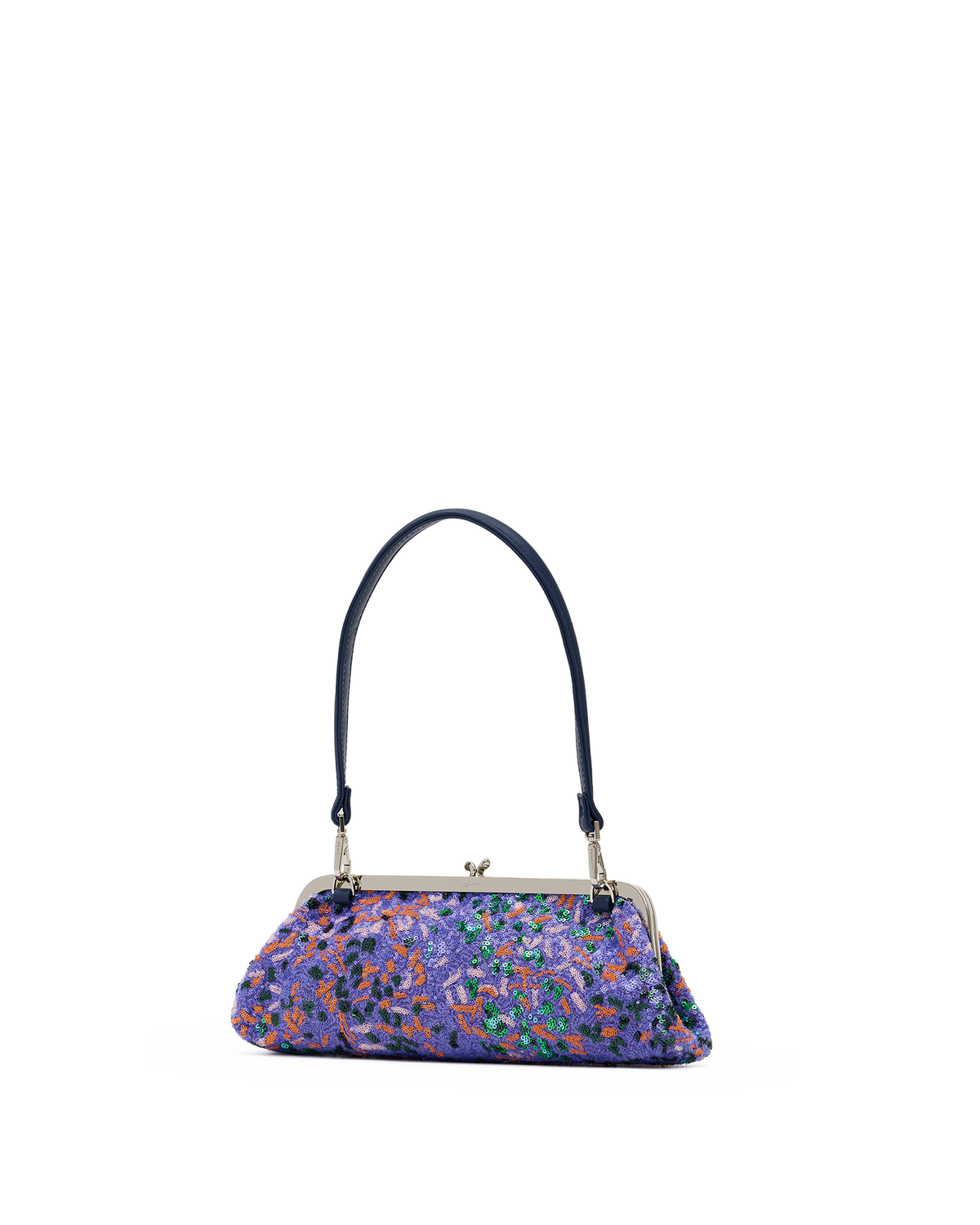 A small handbag with a multicolor floral pattern in purple, blue, and orange, featuring a dark navy blue shoulder strap and a silver-tone metal frame closure, shown against a plain white background.