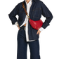 A model wearing a dark indigo denim jacket and matching wide-leg jeans, styled with a white button-down shirt, a black belt, and a bright red leather crescent-shaped crossbody bag with a brown strap and gold hardware.