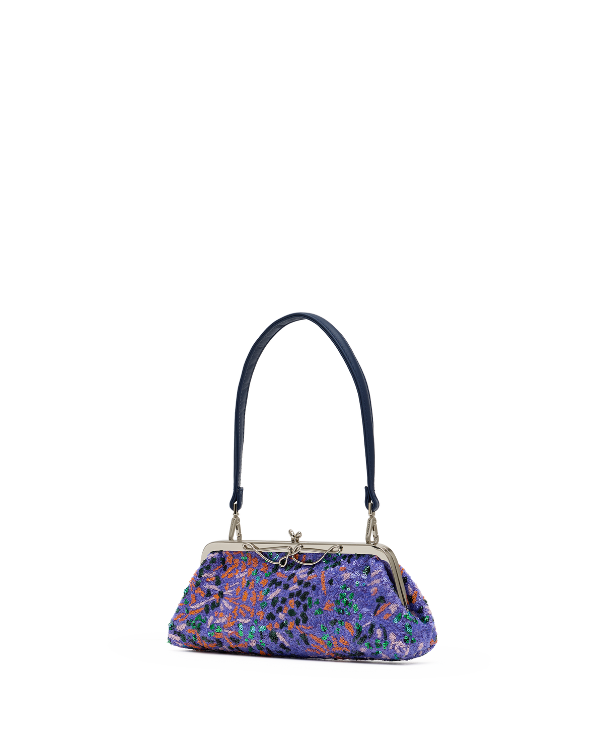 A small handbag with a dark navy blue handle and a colorful abstract patterned body in shades of purple, blue, and orange, featuring a silver-tone metal frame closure.