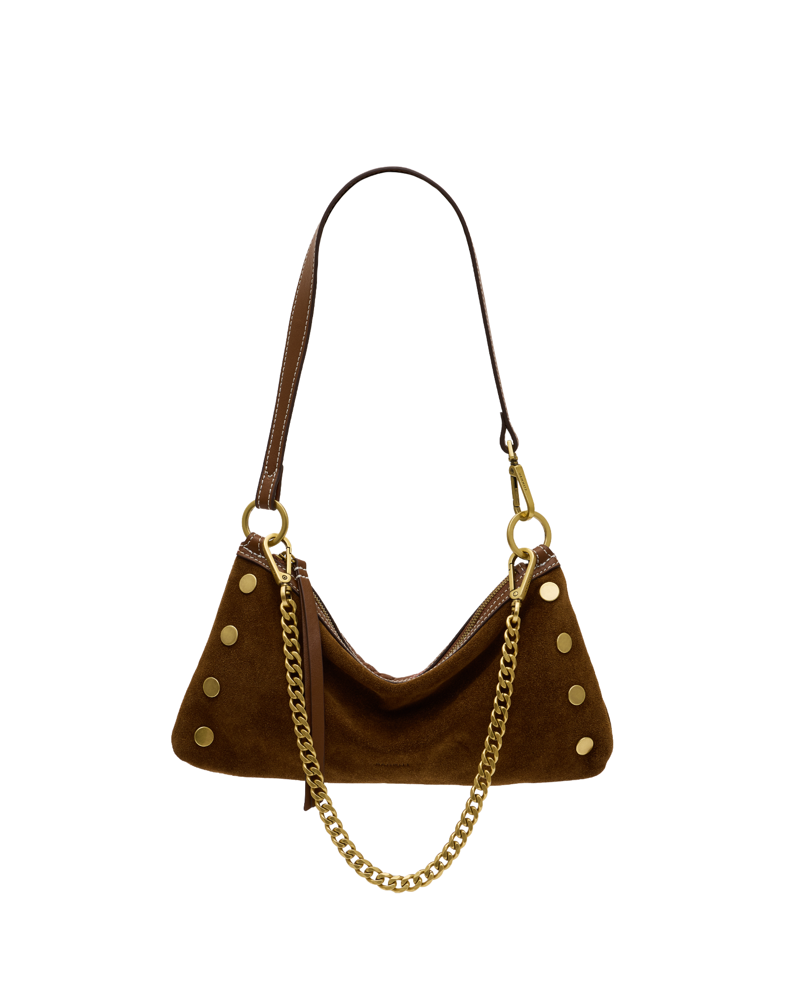 A brown suede crescent-shaped shoulder bag with gold-tone hardware, featuring a long shoulder strap, a gold chain link detail, and decorative gold studs on the sides.