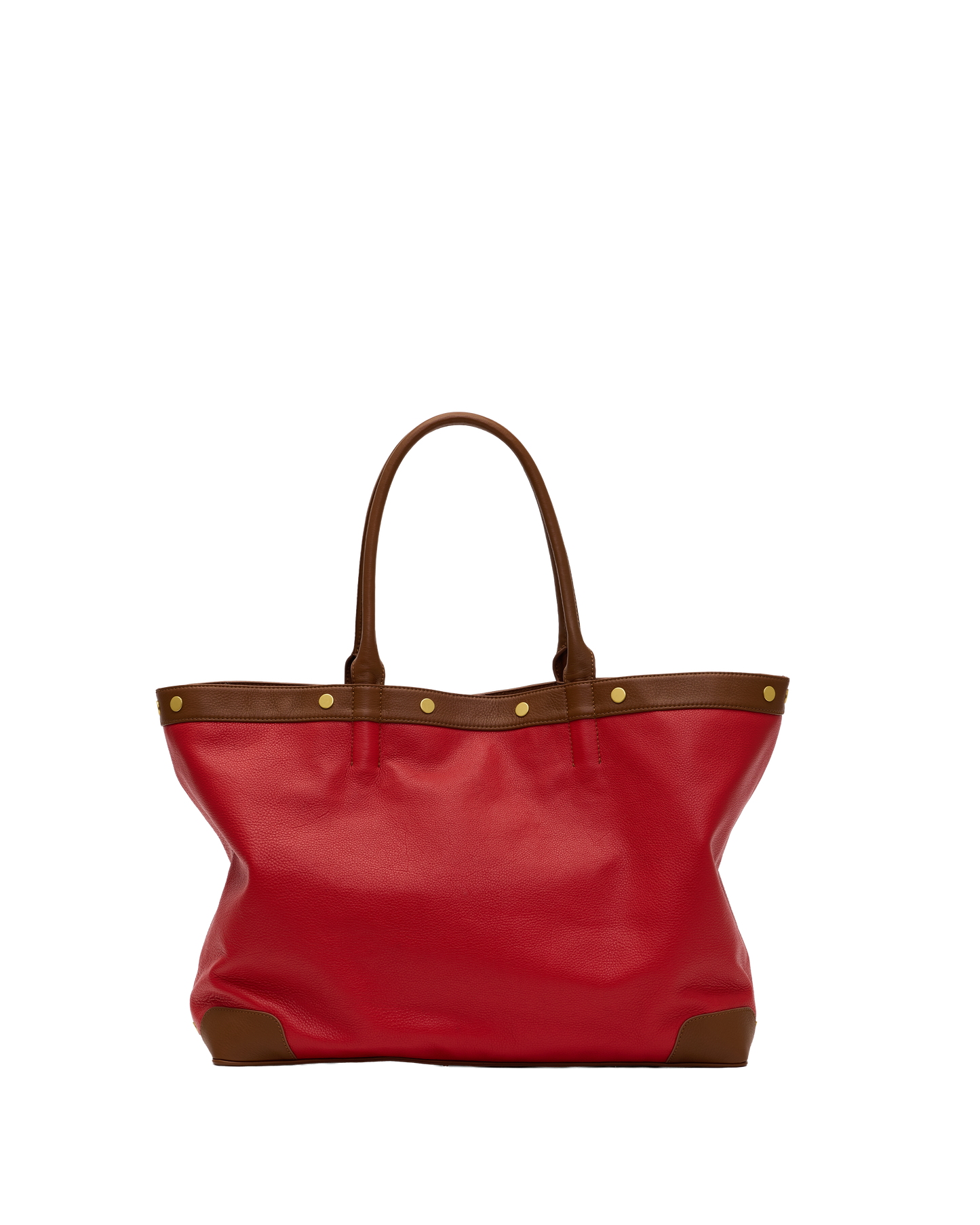 A red leather tote bag with brown leather trim, double top handles, and gold-tone metal studs, shown against a plain white background.
