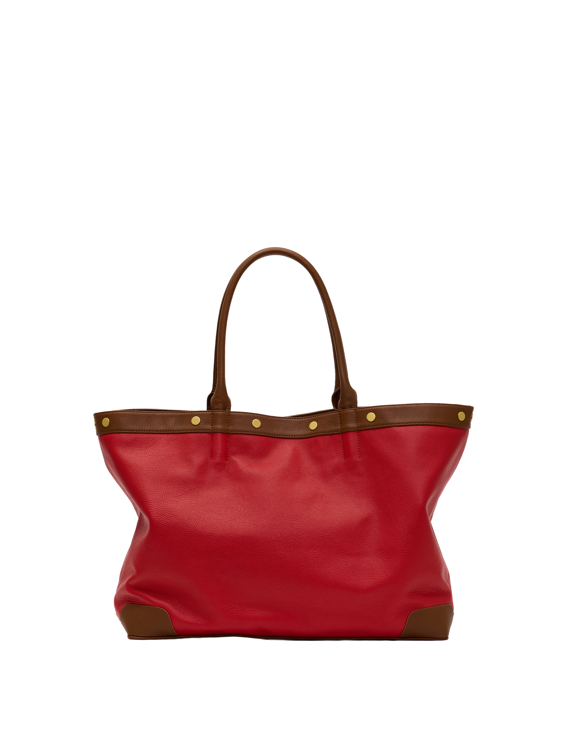 A red leather tote bag with brown leather trim, double top handles, and gold-tone metal studs, shown against a plain white background.