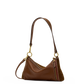 A brown pebbled leather shoulder bag with a single adjustable strap, gold-tone hardware, and a vertical striped zipper detail on the front.