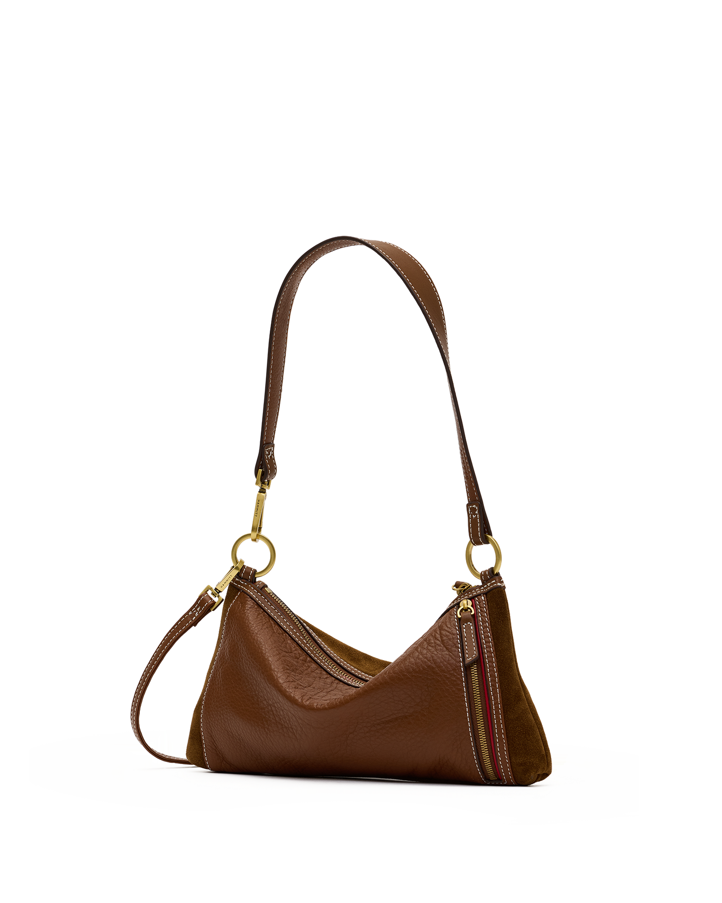 A brown pebbled leather shoulder bag with a single adjustable strap, gold-tone hardware, and a vertical striped zipper detail on the front.
