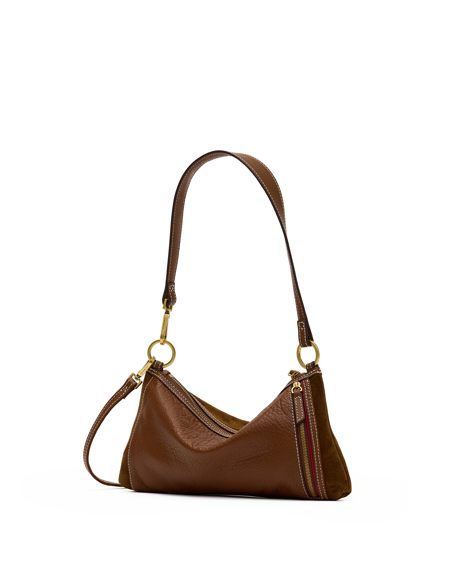 A brown pebbled leather shoulder bag with a single adjustable strap, gold-tone hardware, and a vertical striped zipper detail on the front.