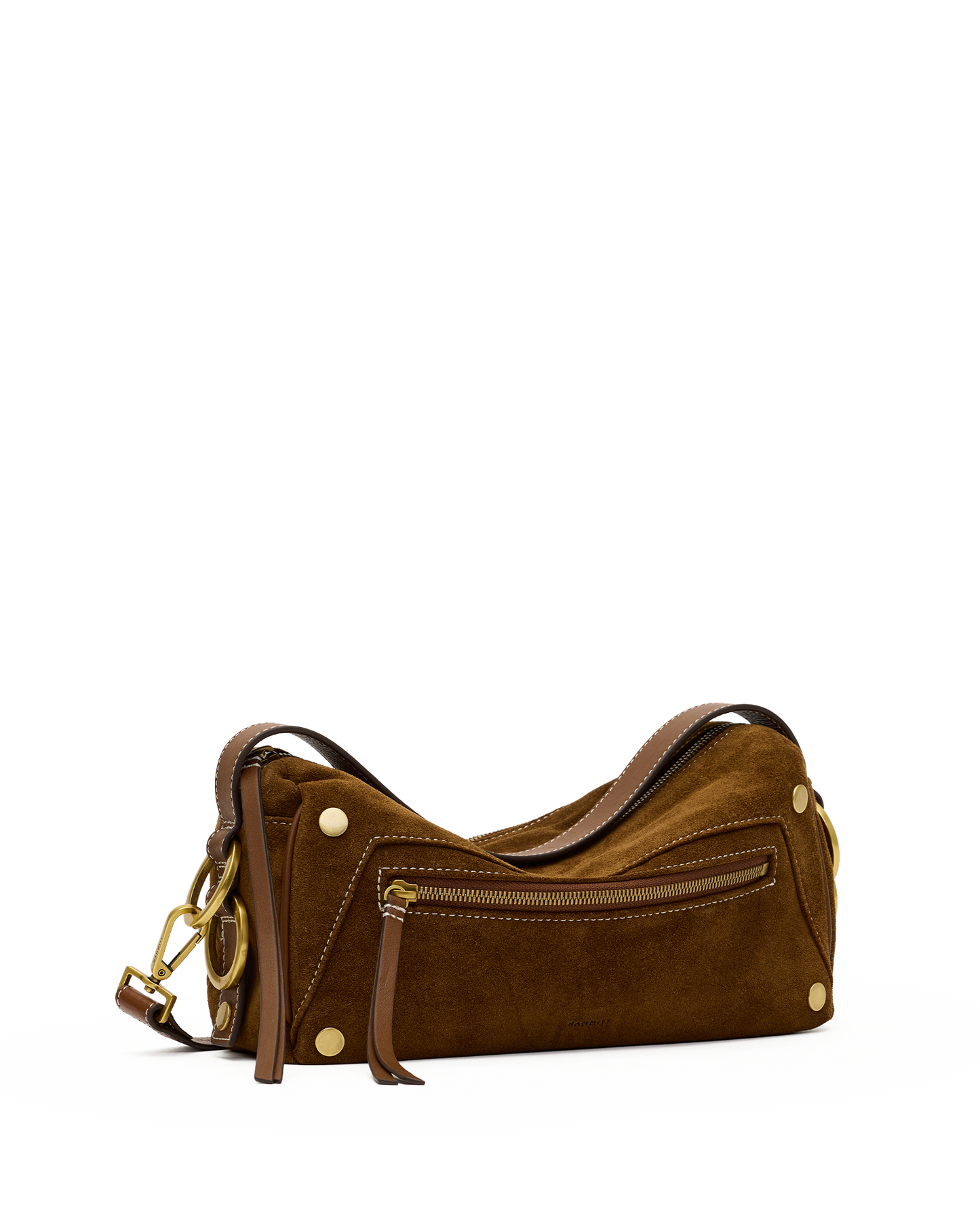 A brown suede shoulder bag with gold-tone hardware, a front zippered pocket, and a matching brown leather strap, shown against a plain white background.