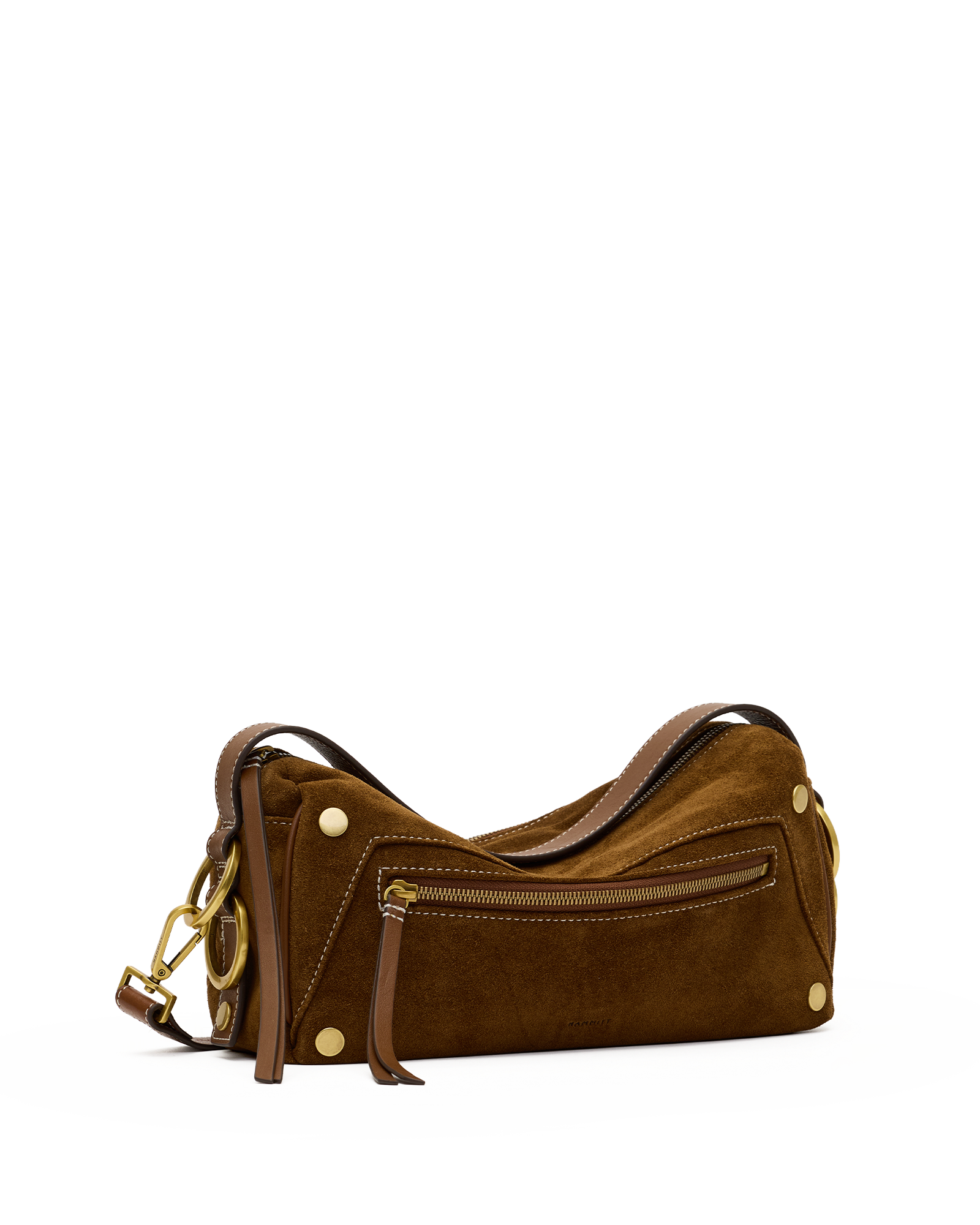 A brown suede shoulder bag with gold-tone hardware, a front zippered pocket, and a matching brown leather strap, shown against a plain white background.